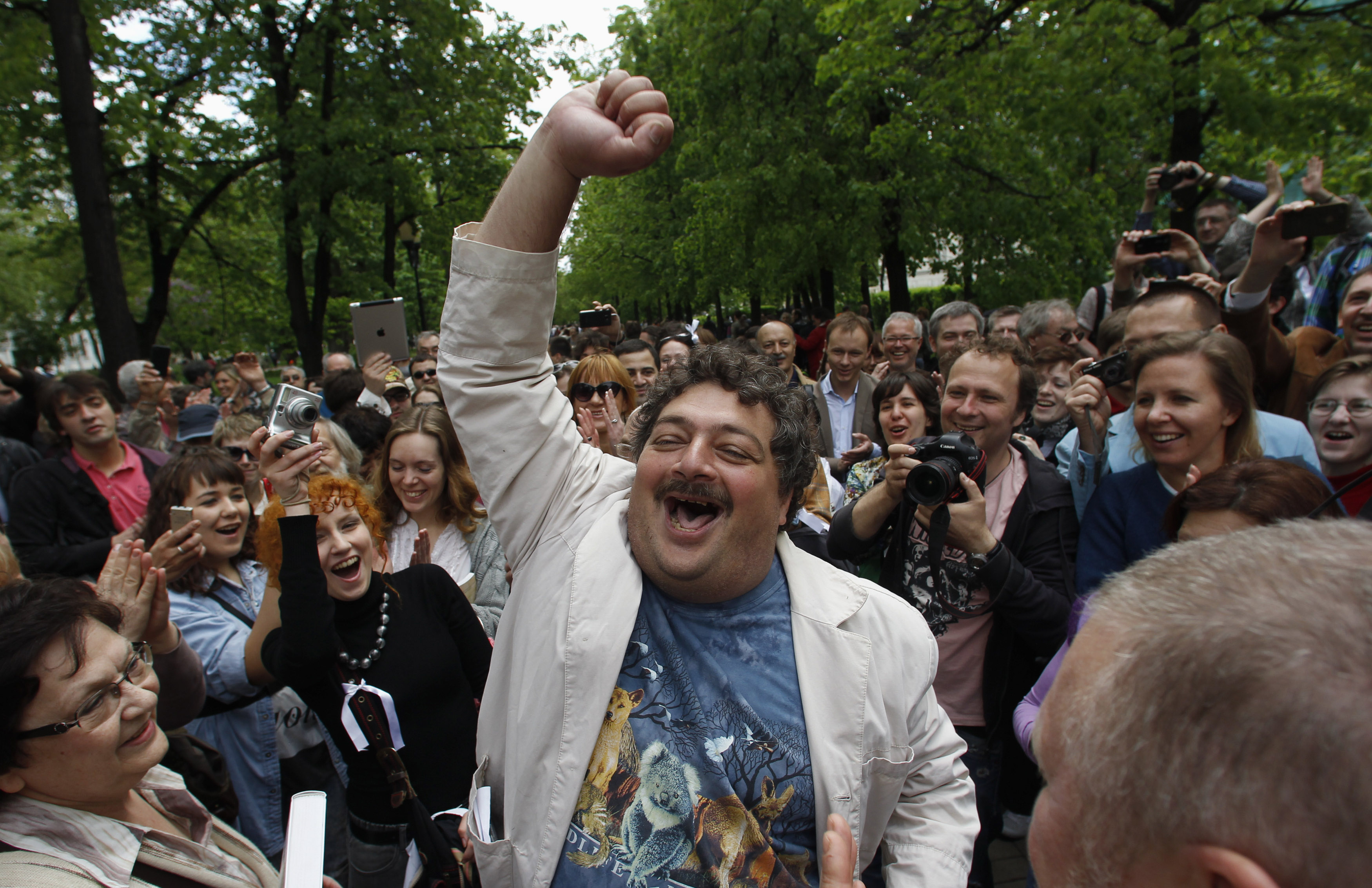 Russian author Bykov speaks to the crowd during a writers march lead by opposition literary activists in Moscow