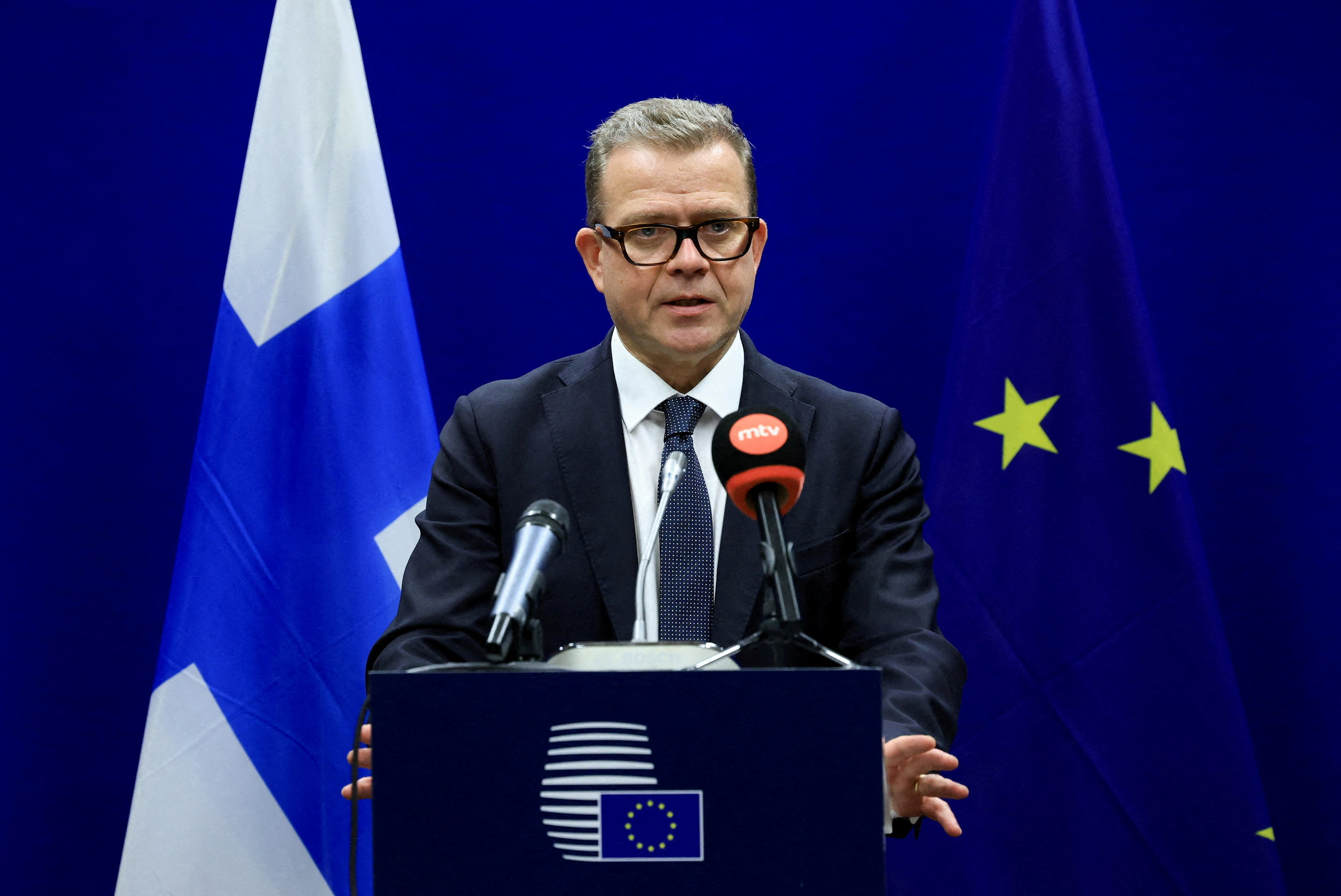 FILE PHOTO: Finland's Prime Minister Petteri Orpo at EU leaders' summit in Brussels