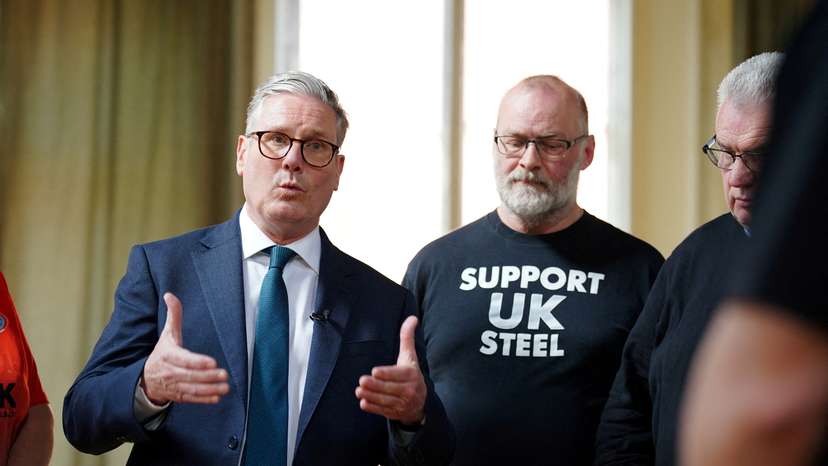 FILE PHOTO: Prime Minister Keir Starmer meets British Steel workers in Appleby