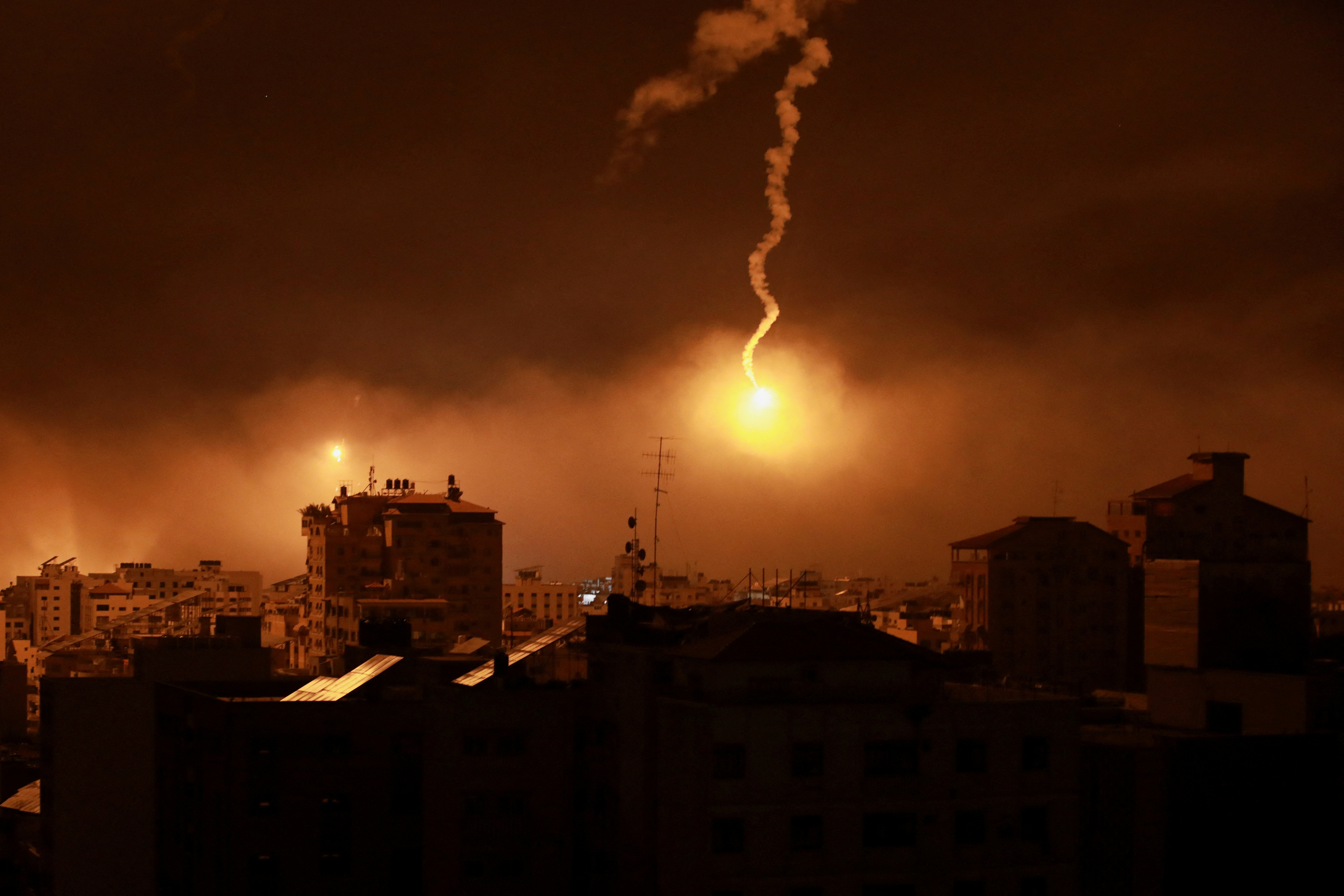 Flares are fired by Israeli forces in Gaza City