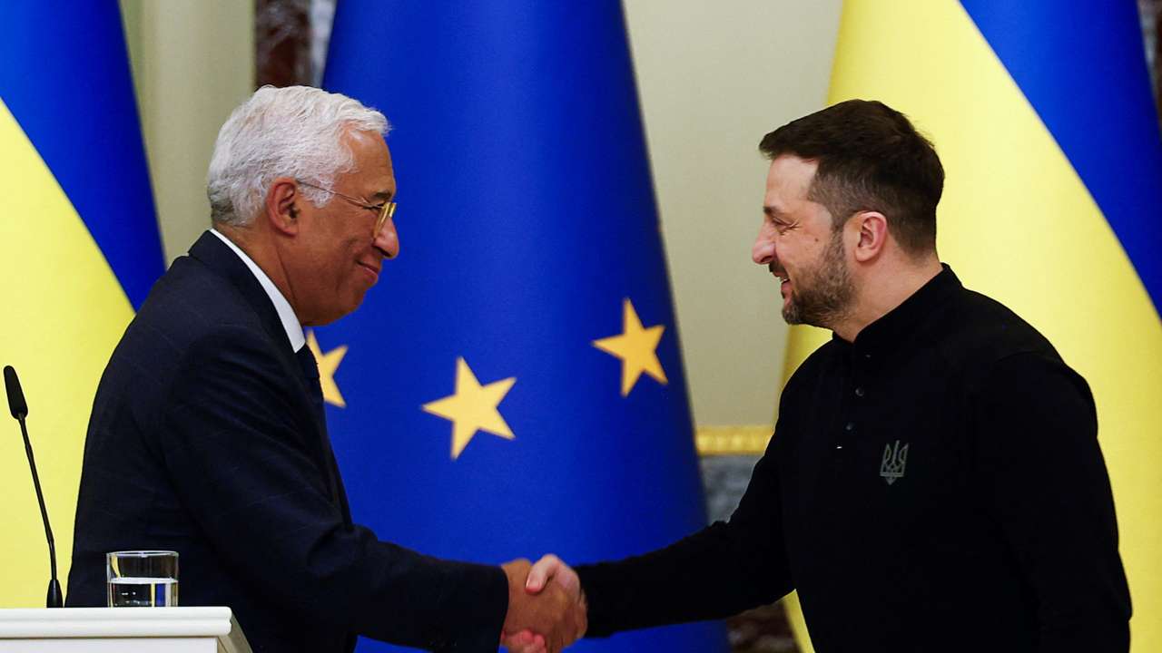 Ukraine's President Zelensky attends a joint press conference with European Council President Costa, in Kyiv