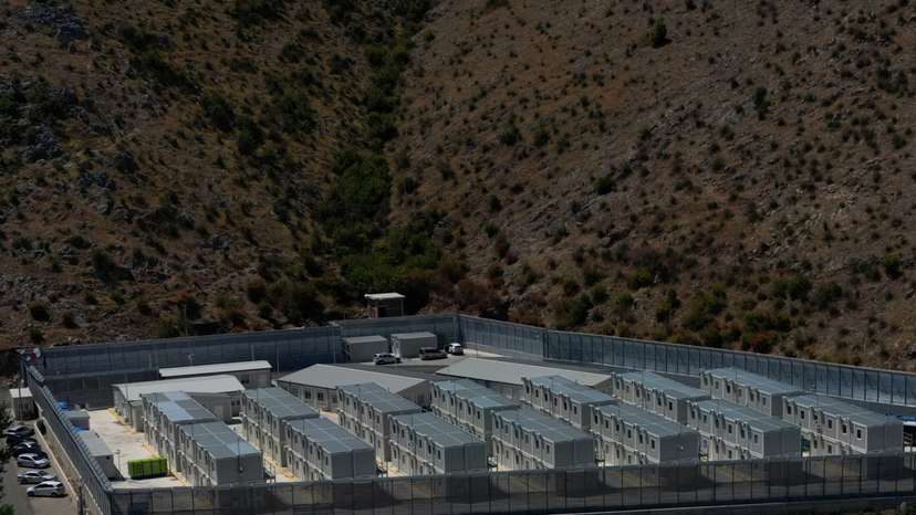 A drone view shows a migrant detention centre in Gjader