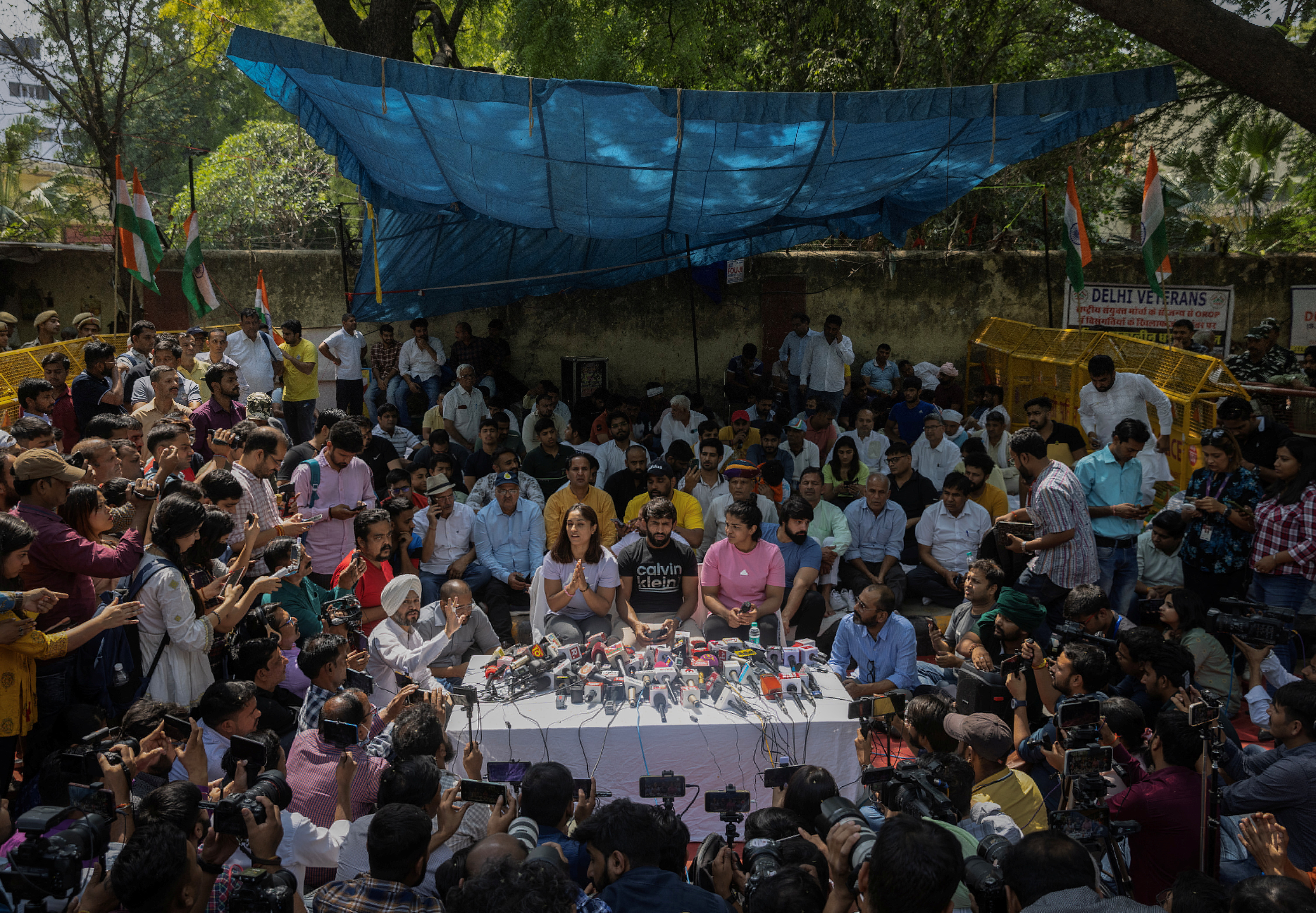 Indian wrestlers take part in a sit-in protest demanding arrest of WFI chief, who they accuse of sexually harassing female players, in New Delhi