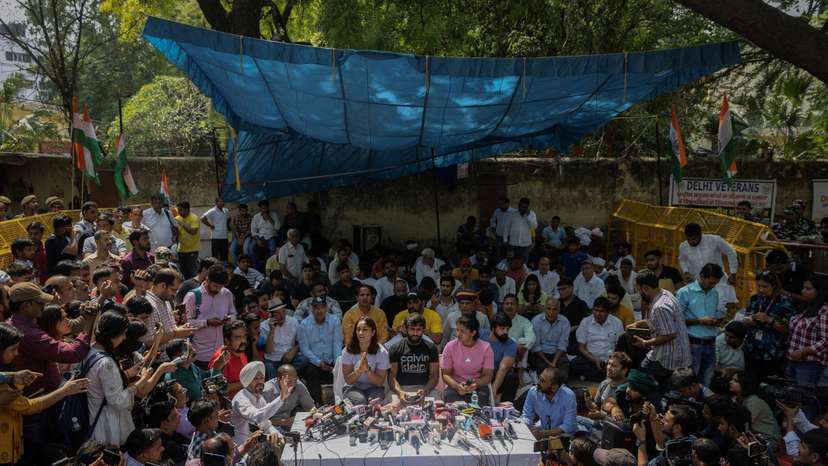 Indian wrestlers take part in a sit-in protest demanding arrest of WFI chief, who they accuse of sexually harassing female players, in New Delhi