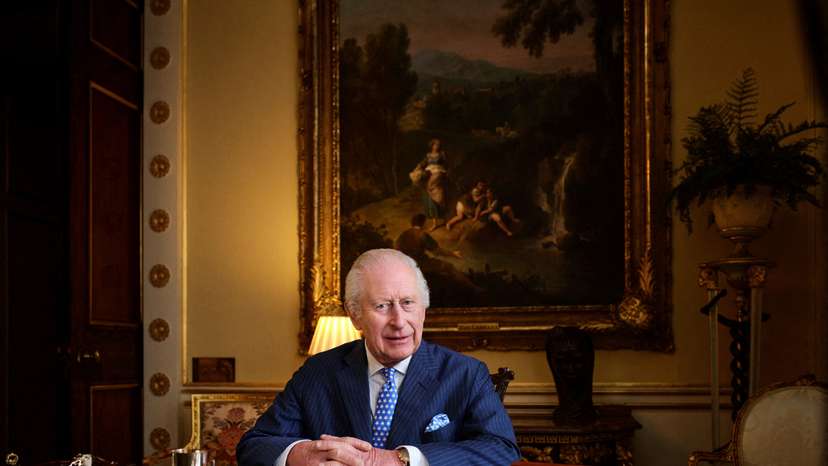 Britain's King Charles poses in his office where "The King's Music Room" recording takes place in Buckingham Palace, London