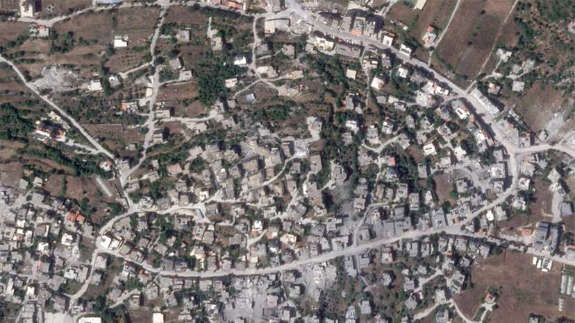 A satellite image shows damage in the Lebanese village of Aita al-Shaab