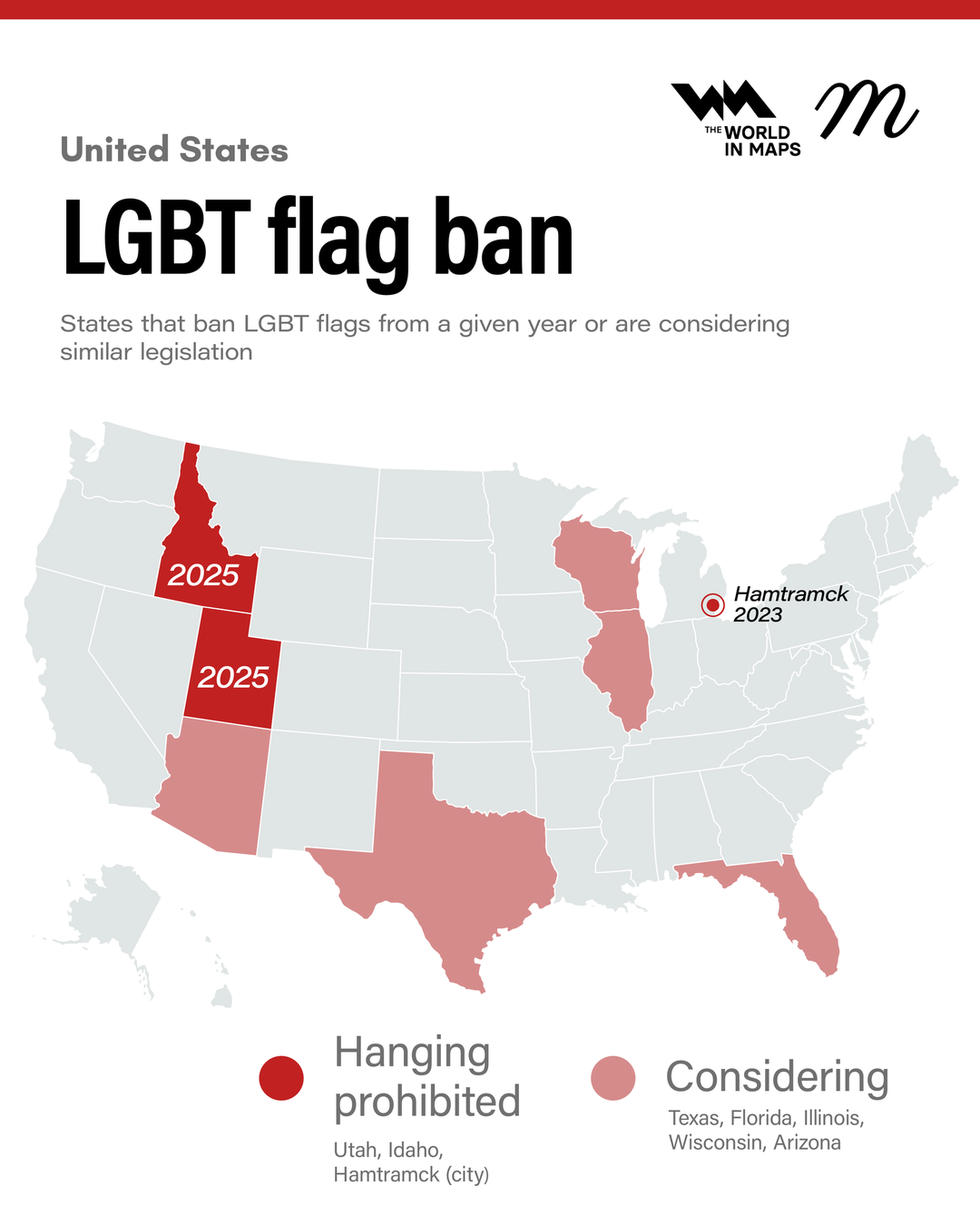 Some US states are introducing laws banning the display of LGBT flags in public institutions, with the excuse of striving for “ideological neutrality.” Examples include Hamtramck, Michigan (2023) and new laws in Idaho and Utah, effectiv