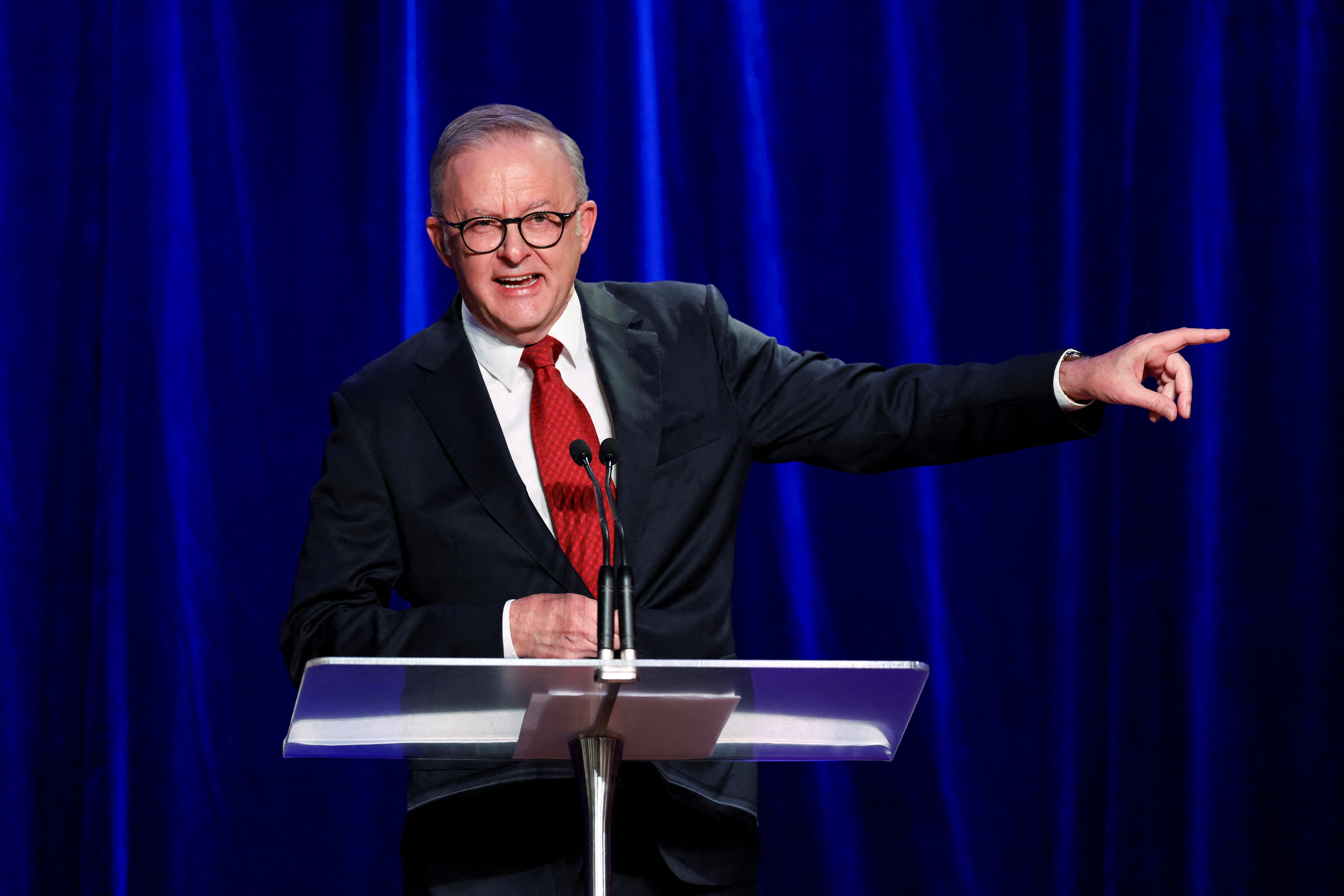 FILE PHOTO: Australia's Prime Minister Anthony Albanese speaks at a Labor party election night event in Sydney