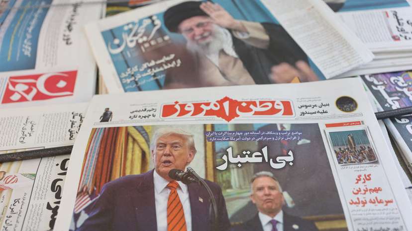 An Iranian newspaper with a cover photo of U.S. President Donald Trump and U.S. Middle East envoy Steve Witkoff, is seen in Tehran
