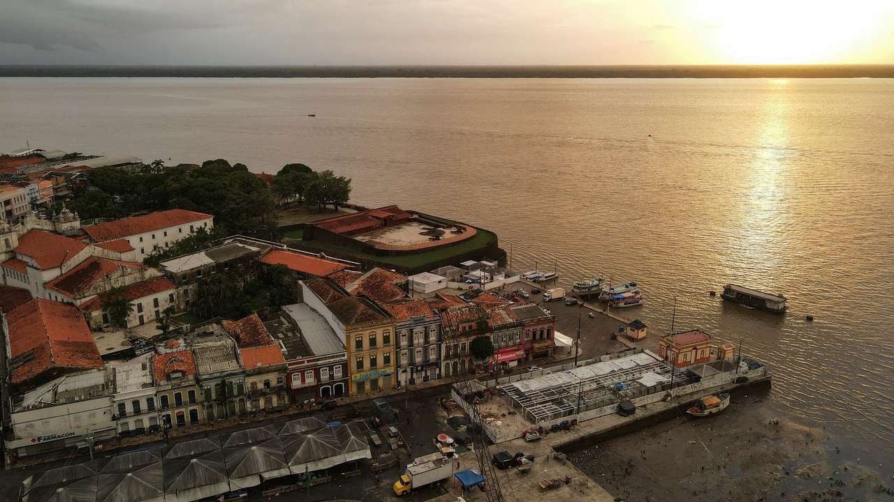 A drone image shows the city and the river ahead of COP 30 in Belem