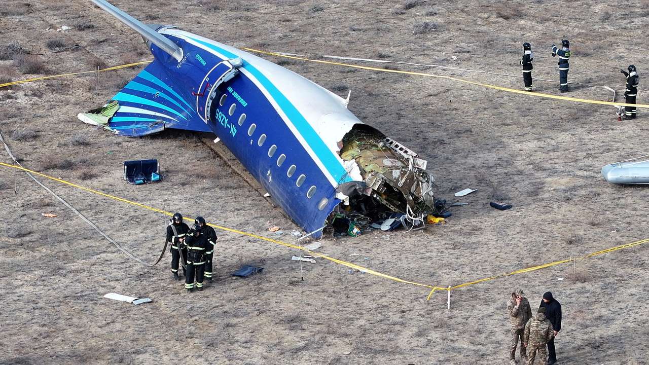 FILE PHOTO: A drone view shows the crash site of a passenger plane near Aktau