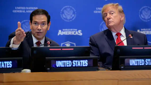 O secretário de Estado Marco Rubio e o presidente Donald Trump em evento em Nova York