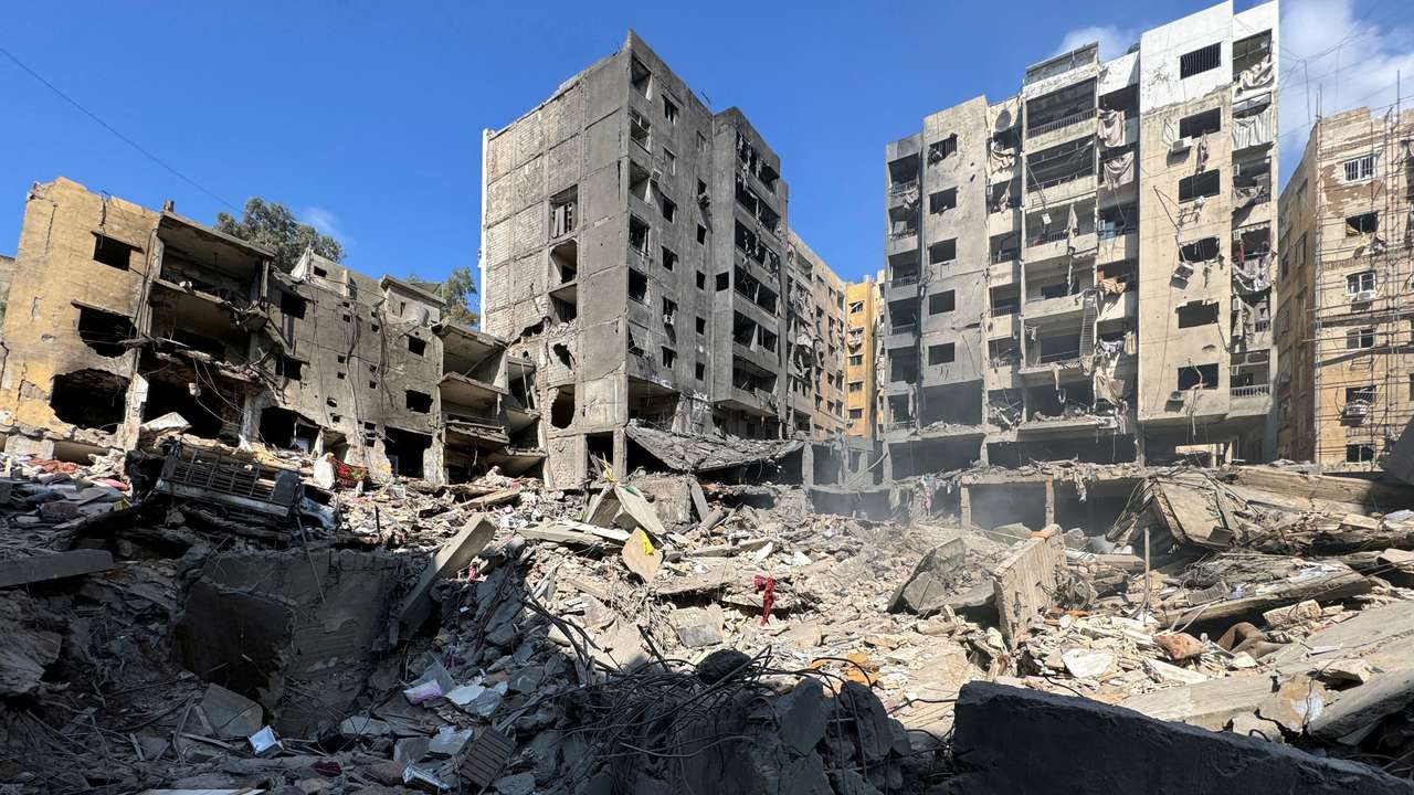 A view shows the damage at the site of the Israeli air strike that killed Lebanon's Hezbollah leader Sayyed Hassan Nasrallah in Beirut's southern suburbs