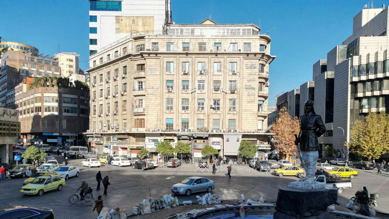 A drone view shows the Syrian central bank, after the ousting of Syria's Bashar al-Assad, in Damascus