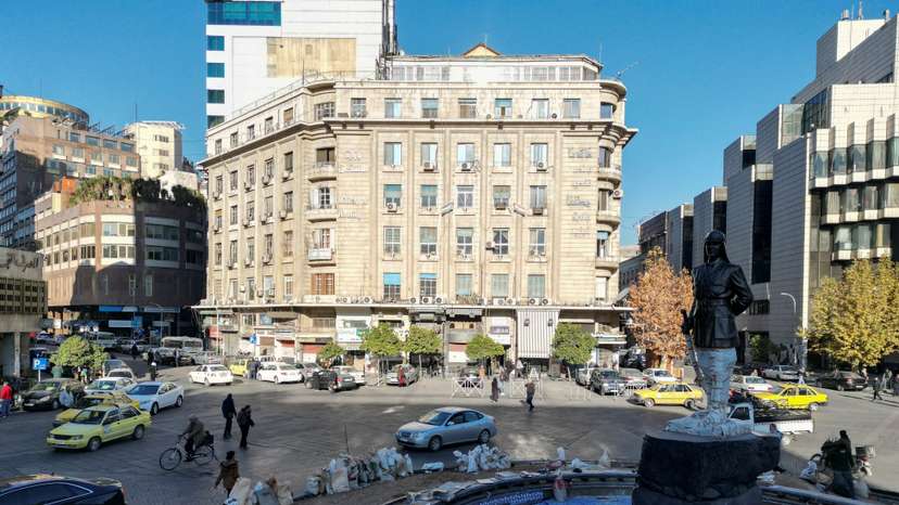 A drone view shows the Syrian central bank, after the ousting of Syria's Bashar al-Assad, in Damascus