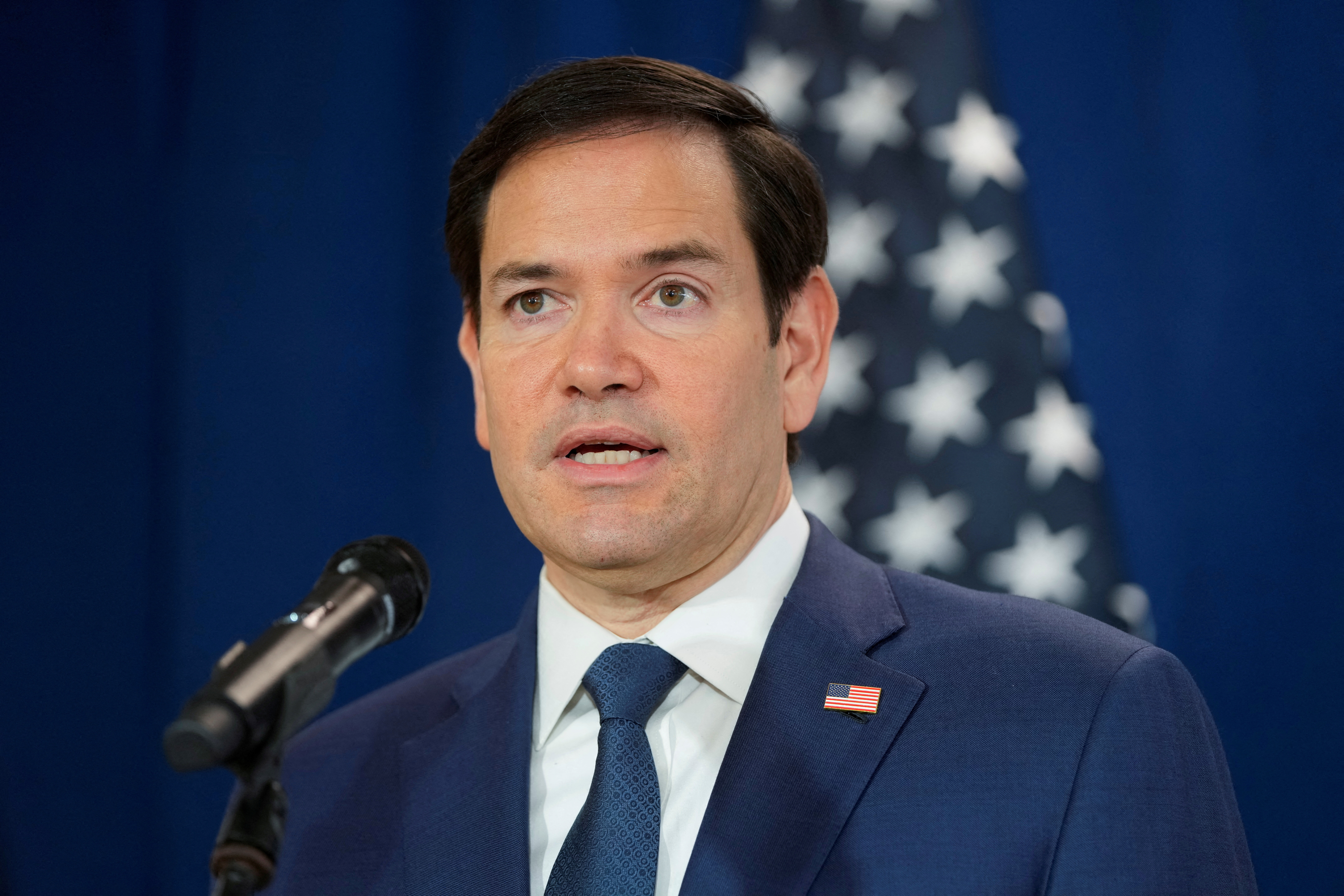 U.S. Secretary of State Rubio speaks to media after watching people board repatriation flight, in Panama City