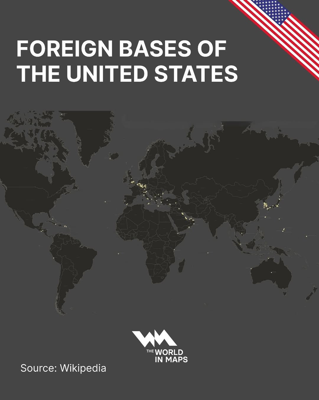 Map shows the global distribution of U.S. military bases outside the United States. With hundred (1)