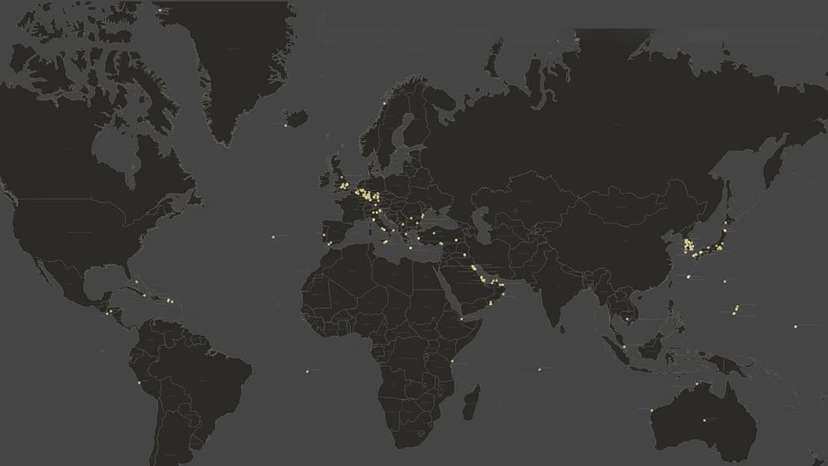 Map shows the global distribution of U.S. military bases outside the United States. With hundred (1)