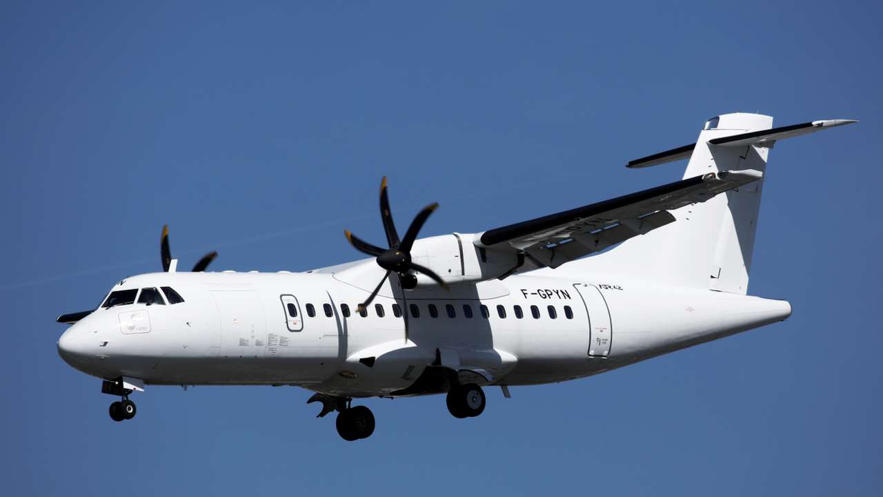 An ATR 42-500 aircraft, operated by Chalair Aviation, lands at Orly Airport near Paris