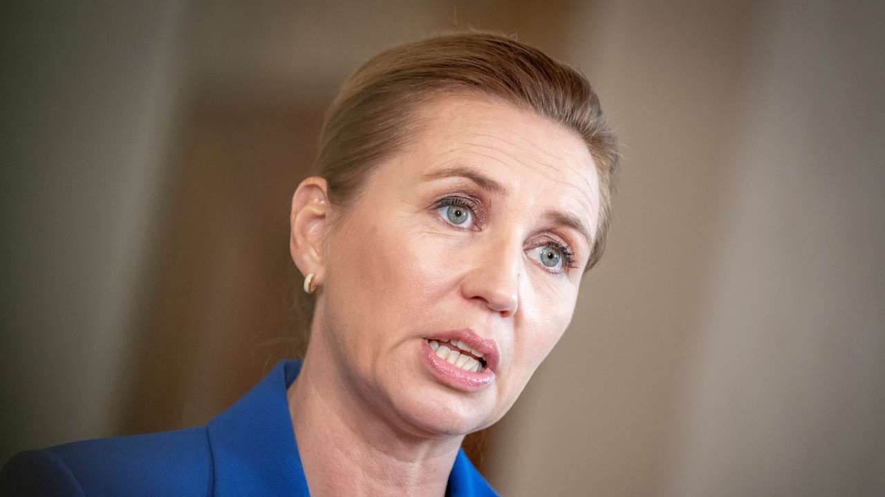 Danish Prime Minister Mette Frederiksen holds the doorstep at the Landstingsalen, in Copenhagen