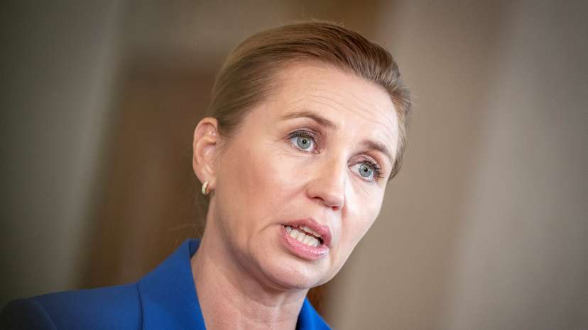 Danish Prime Minister Mette Frederiksen holds the doorstep at the Landstingsalen, in Copenhagen