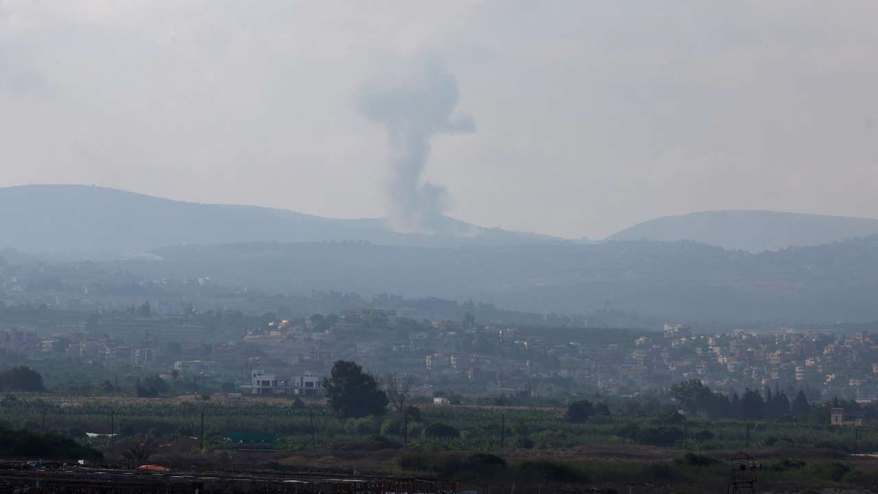 A view shows smoke on the Lebanese side of the border with Israel, as seen from Tyre