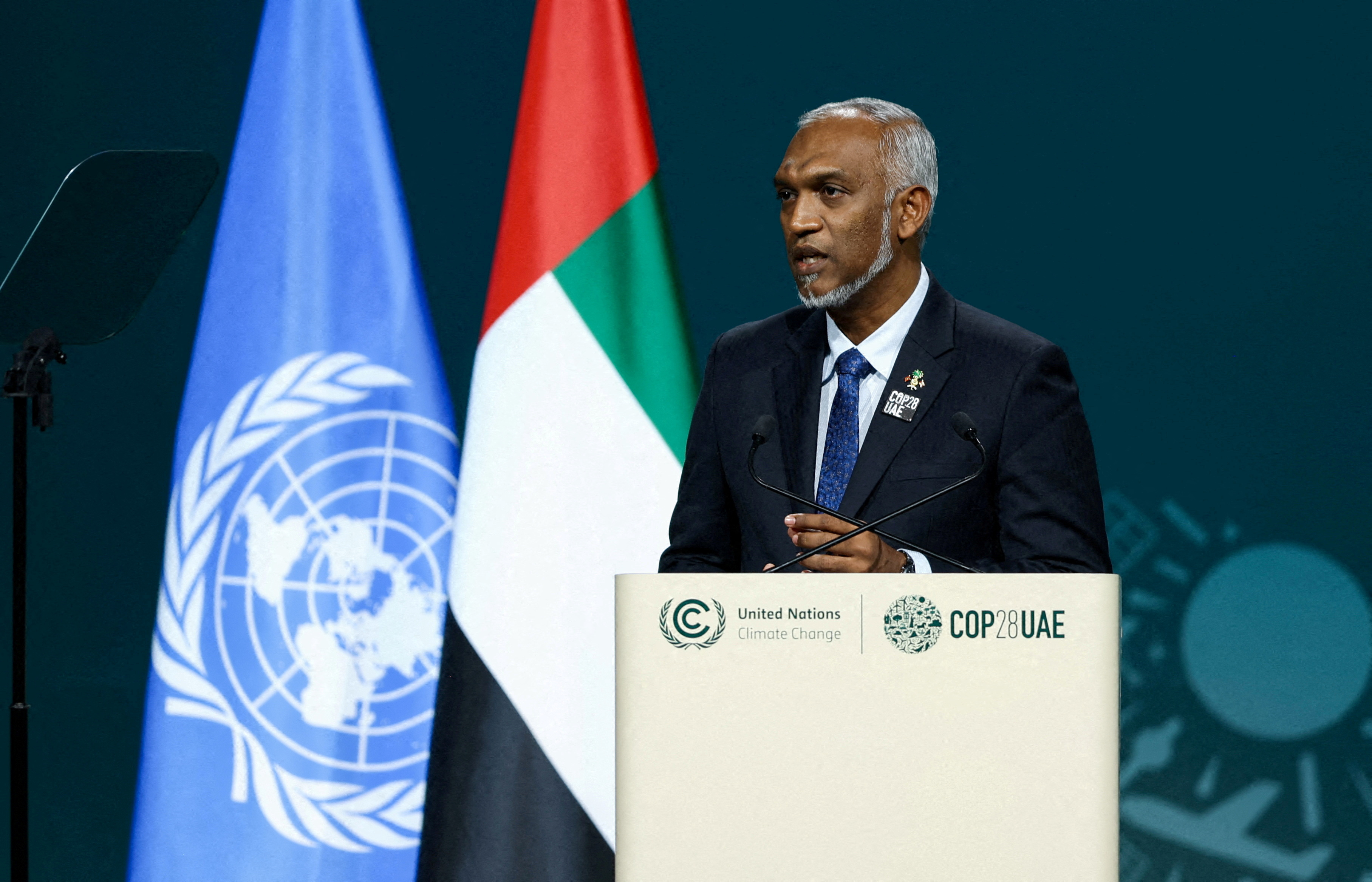 FILE PHOTO: President of the Maldives Mohamed Muizzu delivers a national statement at the U.N.'s COP28 climate summit in Dubai