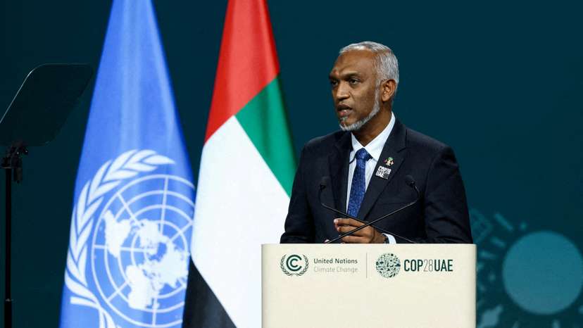 FILE PHOTO: President of the Maldives Mohamed Muizzu delivers a national statement at the U.N.'s COP28 climate summit in Dubai