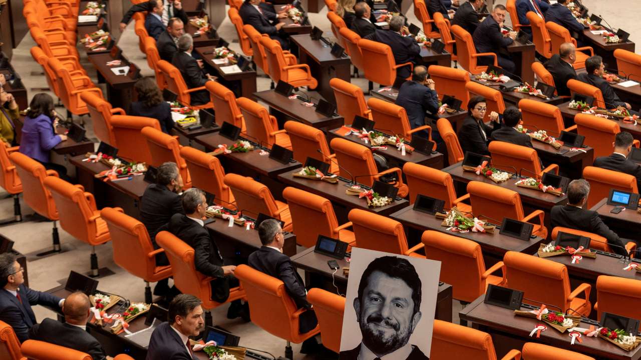 Workers' Party of Turkey MPs display portrait of jailed Atalay in parliament in Ankara