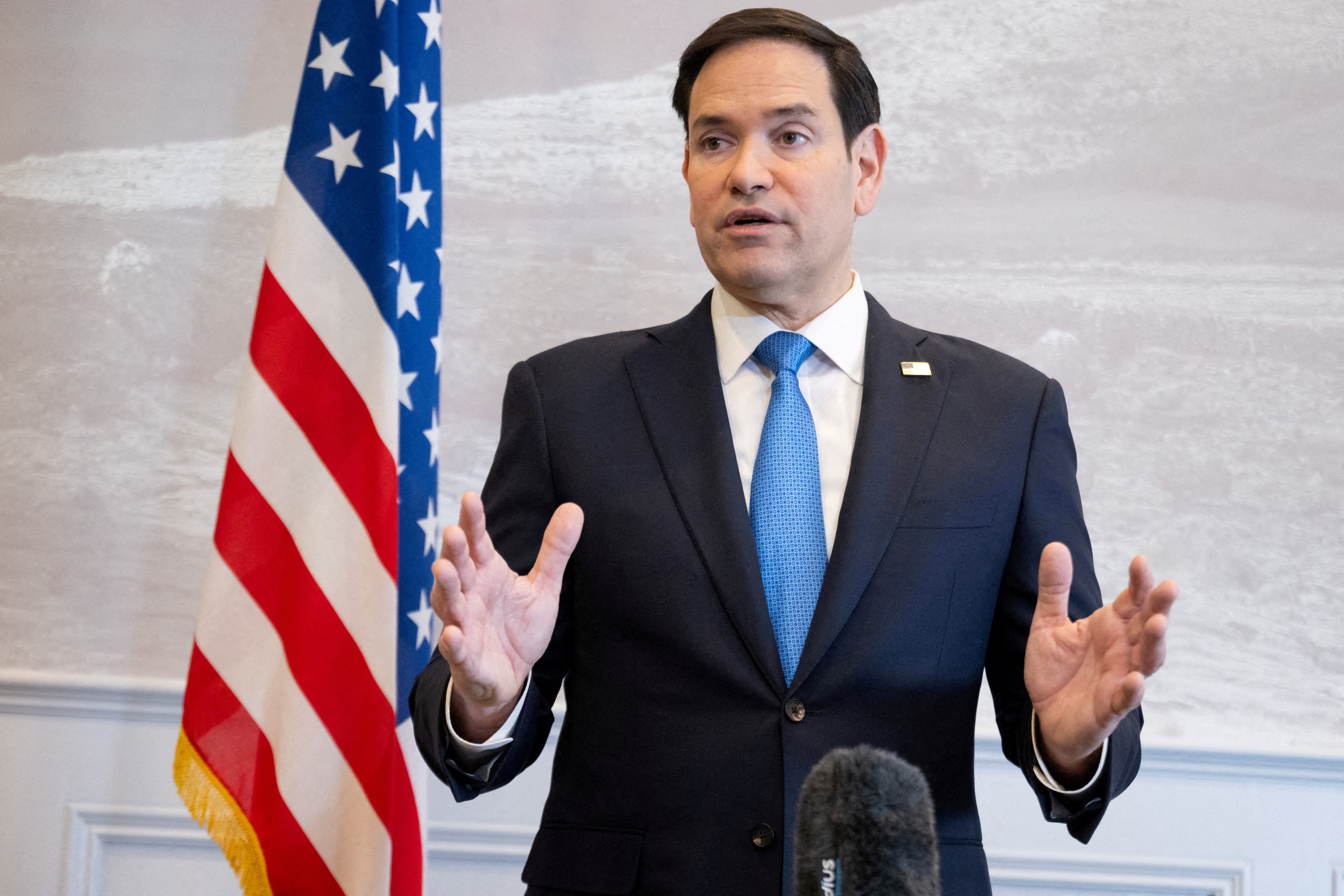 FILE PHOTO: US Secretary of State Rubio speaks to the media during a refueling stop at Shannon Airport in Shannon