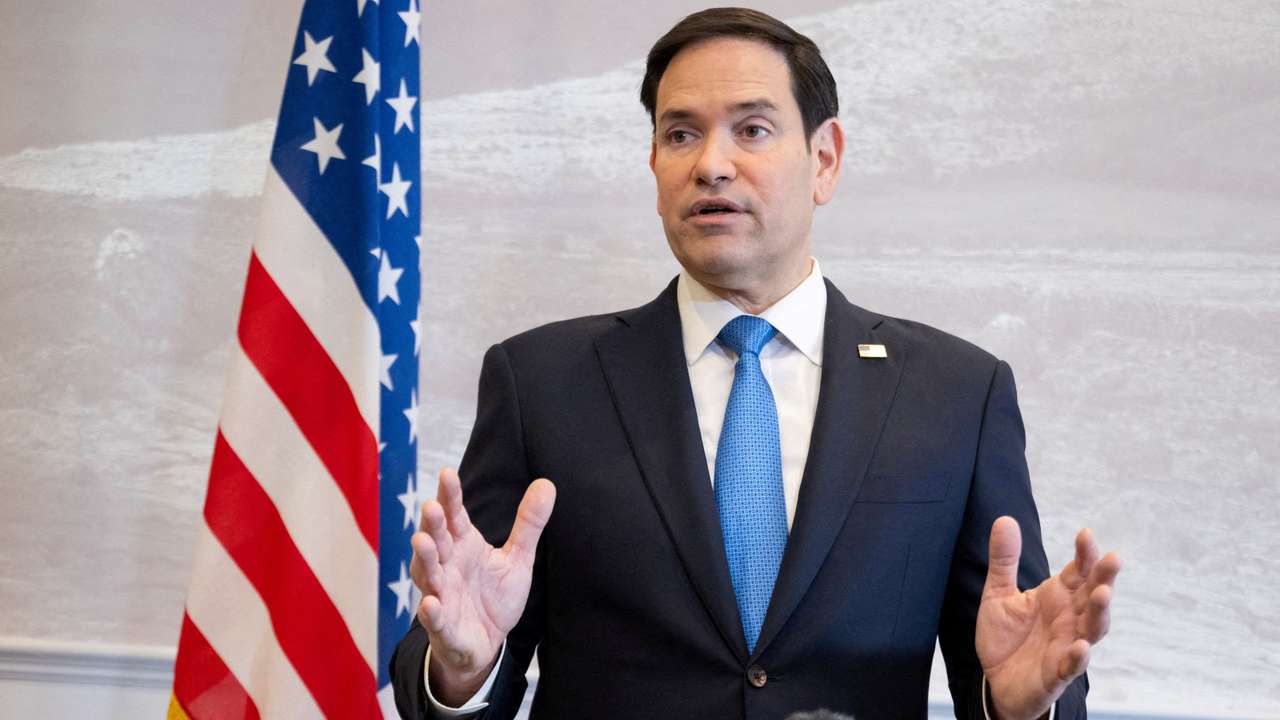 FILE PHOTO: US Secretary of State Rubio speaks to the media during a refueling stop at Shannon Airport in Shannon