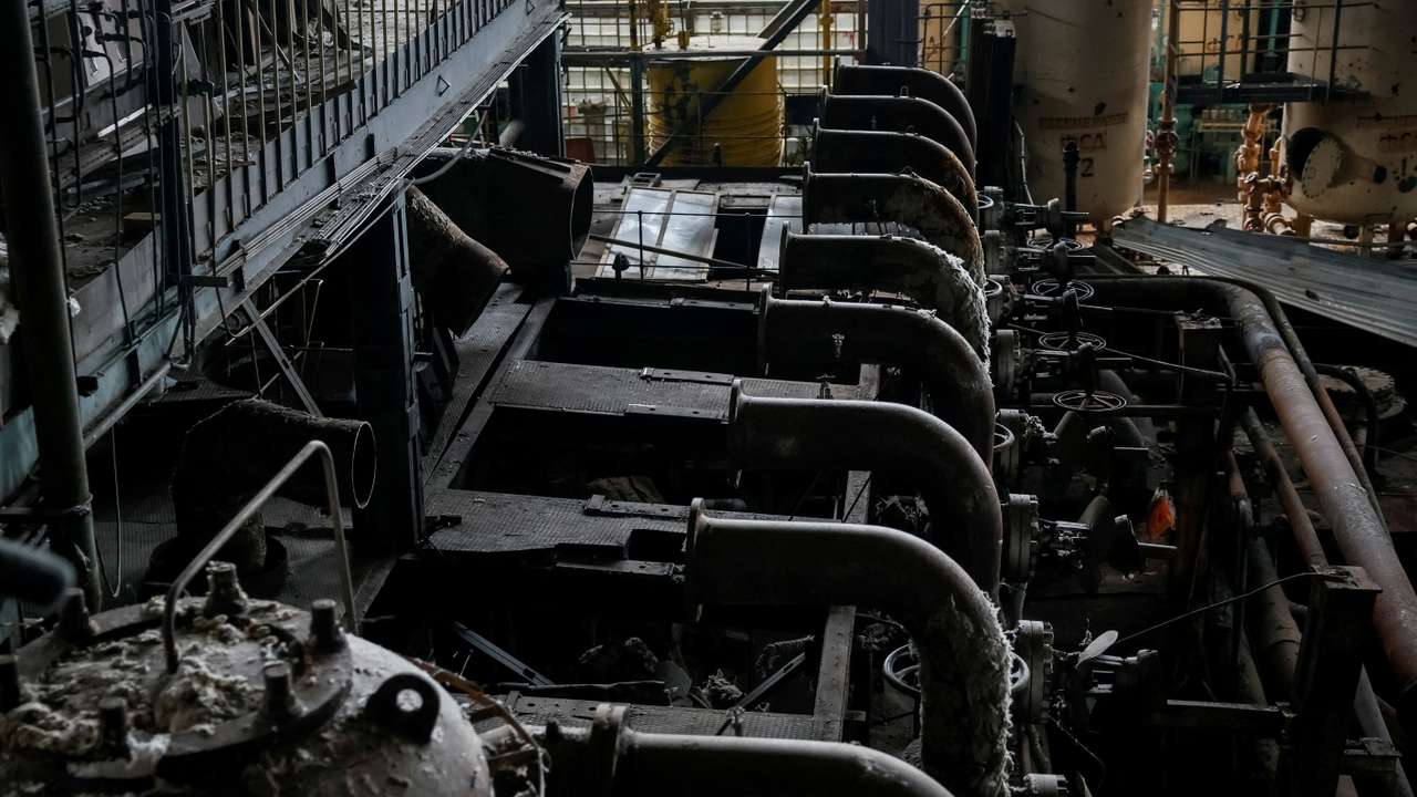 FILE PHOTO: A view shows an energy facility damaged by Russian military strike at an unknown location in Ukraine