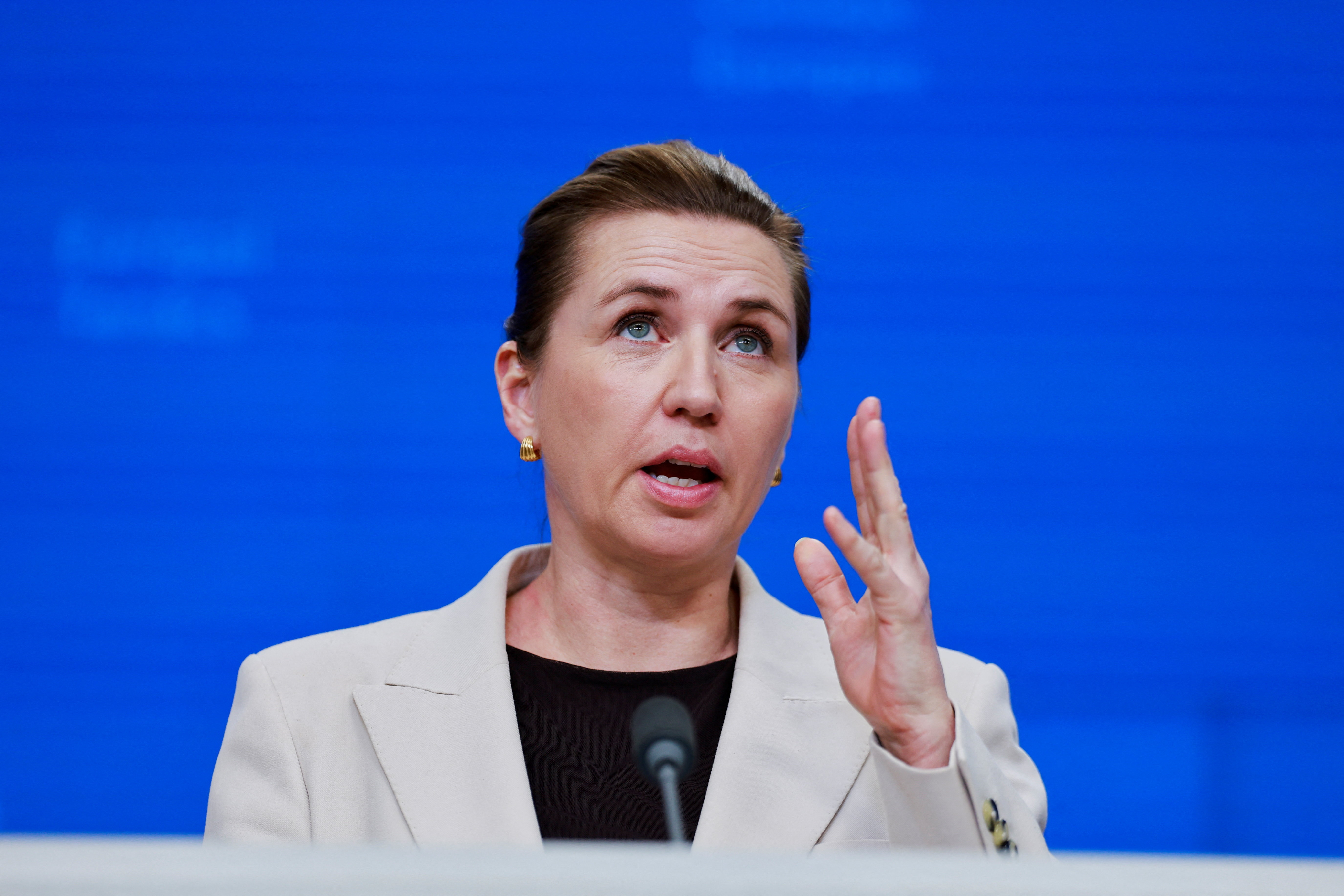 Denmark's Prime Minister Mette Frederiksen holds a press conference during a European Union leaders' summit, in Brussels