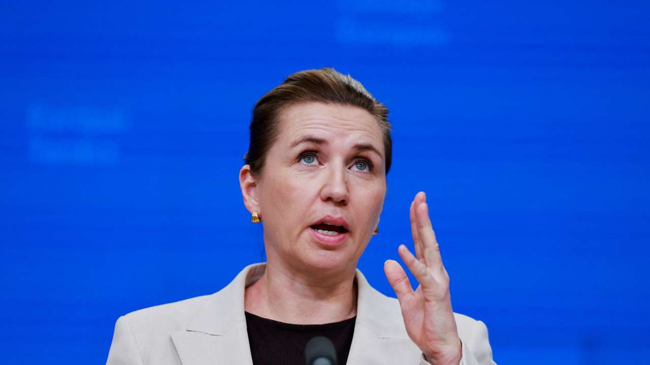 Denmark's Prime Minister Mette Frederiksen holds a press conference during a European Union leaders' summit, in Brussels