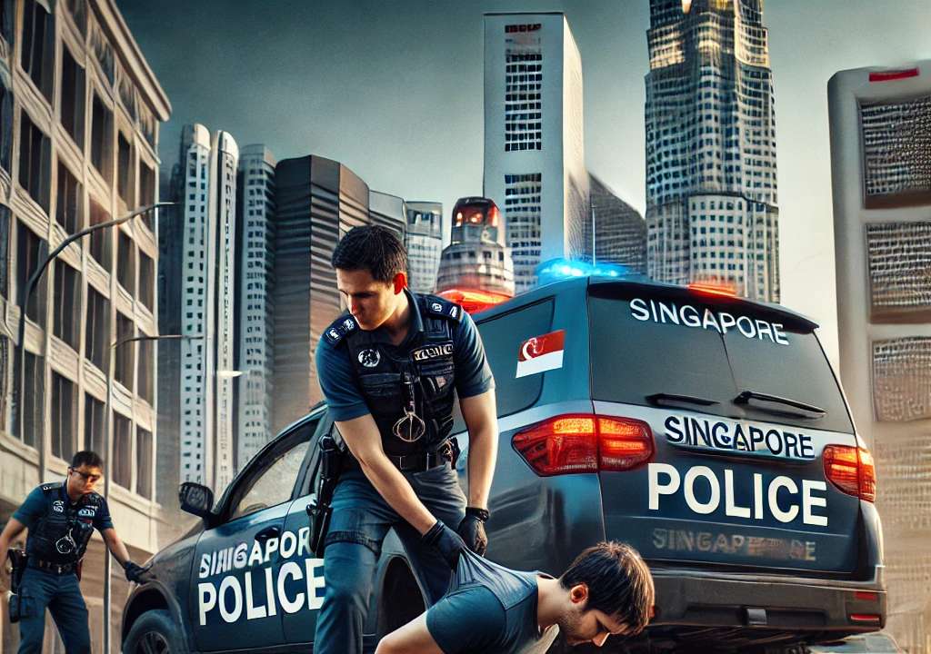 DALL·E 2025-02-12 07.20.49 - A realistic depiction of police detention in Singapore. The image features Singaporean police officers in dark blue uniforms with badges and caps, det
