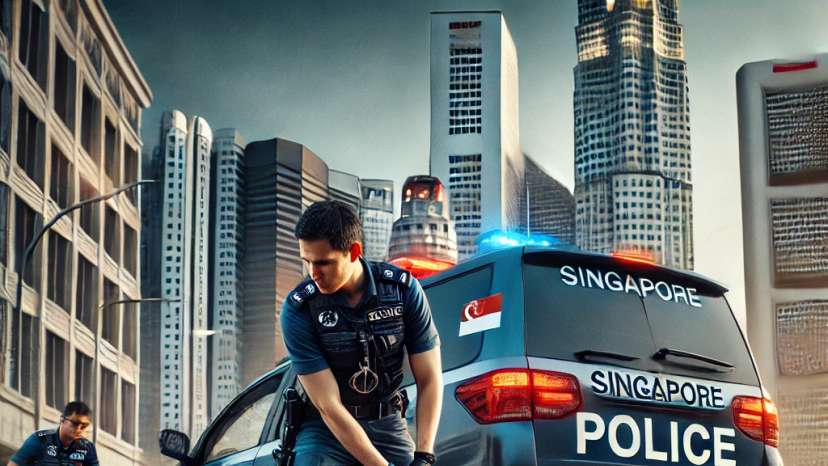 DALL·E 2025-02-12 07.20.49 - A realistic depiction of police detention in Singapore. The image features Singaporean police officers in dark blue uniforms with badges and caps, det
