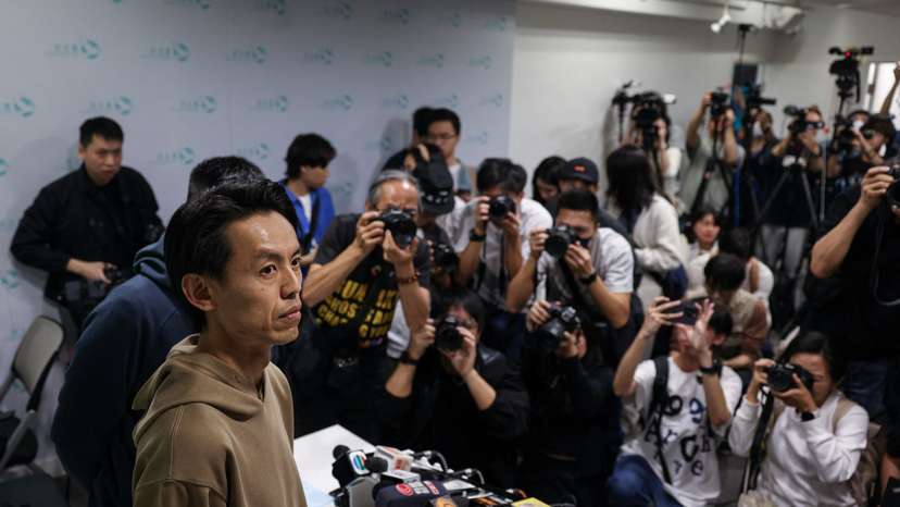 Lo Kin-hei, Chairman of the Democratic Party, attends at a news conference after an extraordinary general meeting to seek members' views on the potential dissolution of the party in Hong Kong
