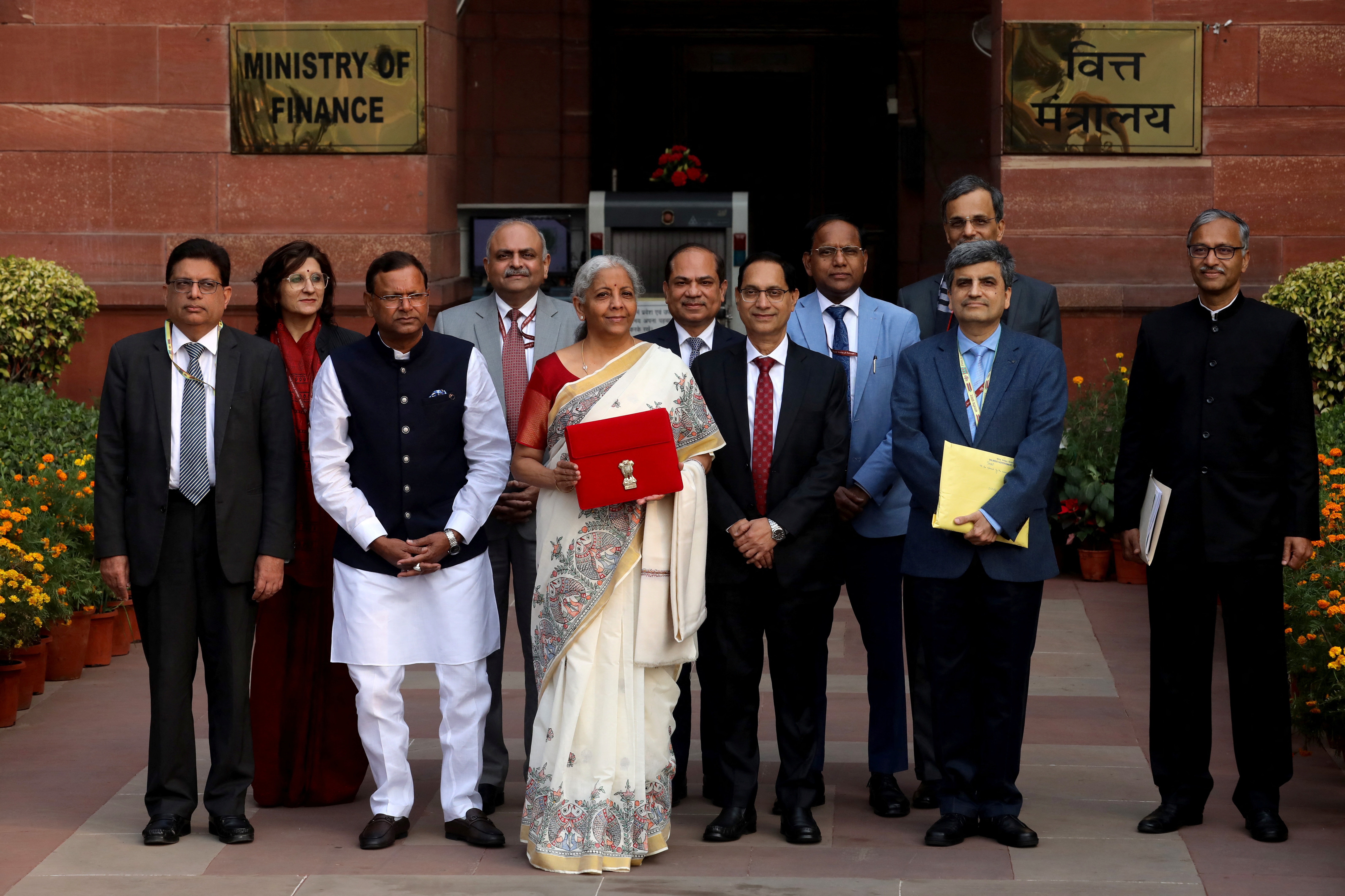 India's Finance Minister Nirmala Sitharaman holds a folder with the Government of India's logo, in New Delhi