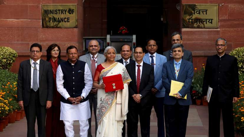 India's Finance Minister Nirmala Sitharaman holds a folder with the Government of India's logo, in New Delhi