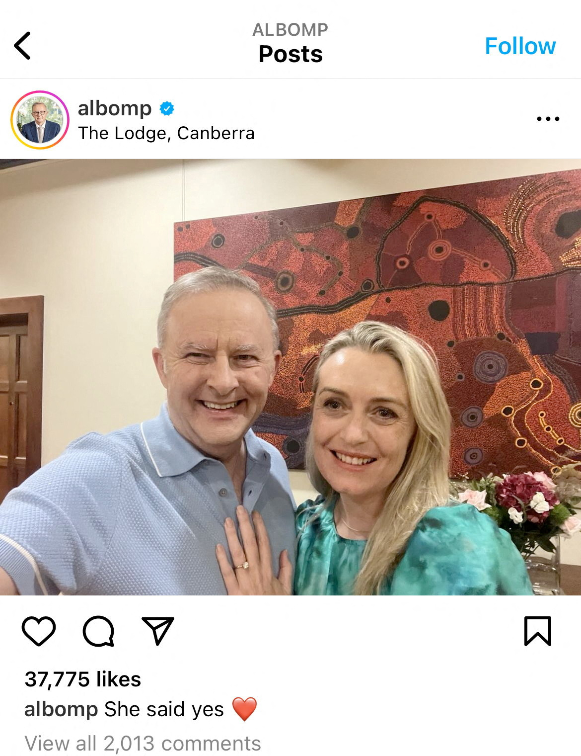 Australia’s Prime Minister, Anthony Albanese poses with fiancee Jodie Haydon in an engagement announcement post on Instagram