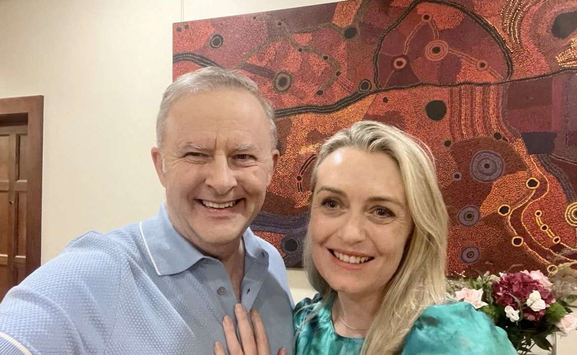 Australia’s Prime Minister, Anthony Albanese poses with fiancee Jodie Haydon in an engagement announcement post on Instagram