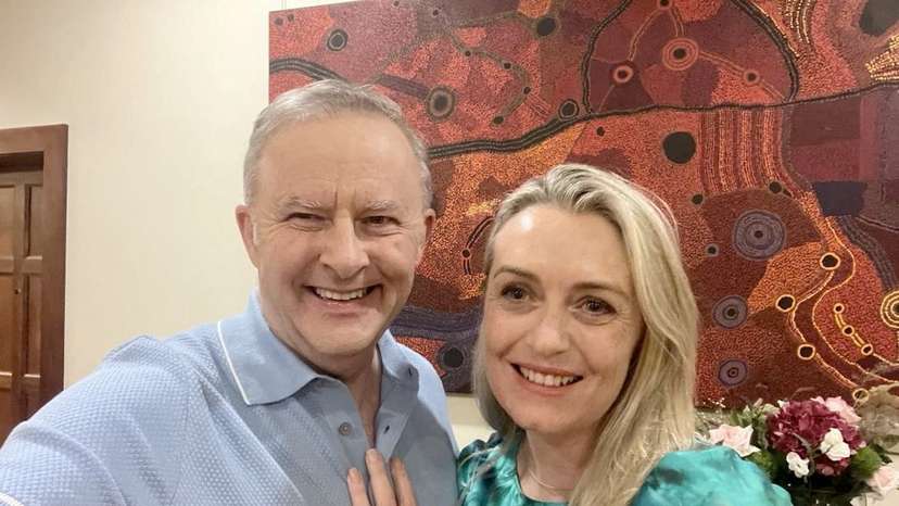 Australia’s Prime Minister, Anthony Albanese poses with fiancee Jodie Haydon in an engagement announcement post on Instagram