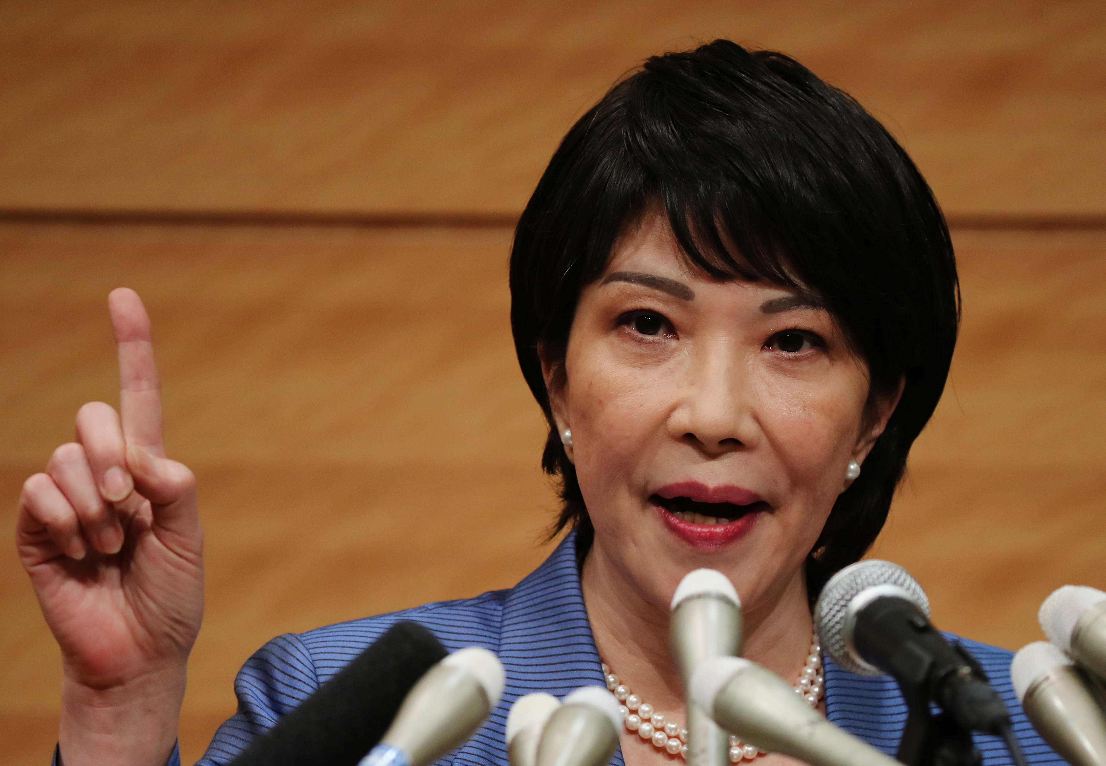 Japanese lawmaker Sanae Takaichi speaks at a news conference in Tokyo