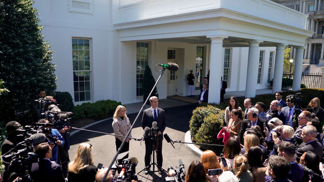 FILE PHOTO: U.S. Treasury Secretary Scott Bessent speaks at the White House in Washington
