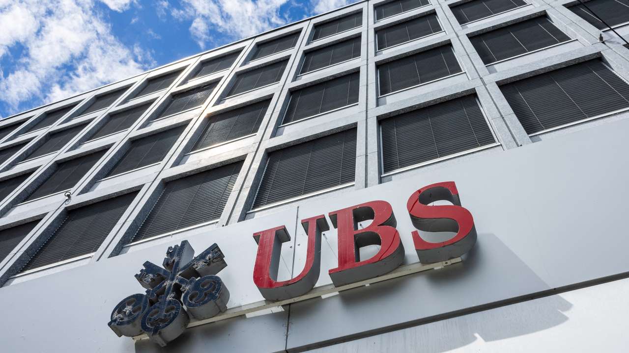 A UBS logo is pictured on the branch of the Swiss bank in Lucerne