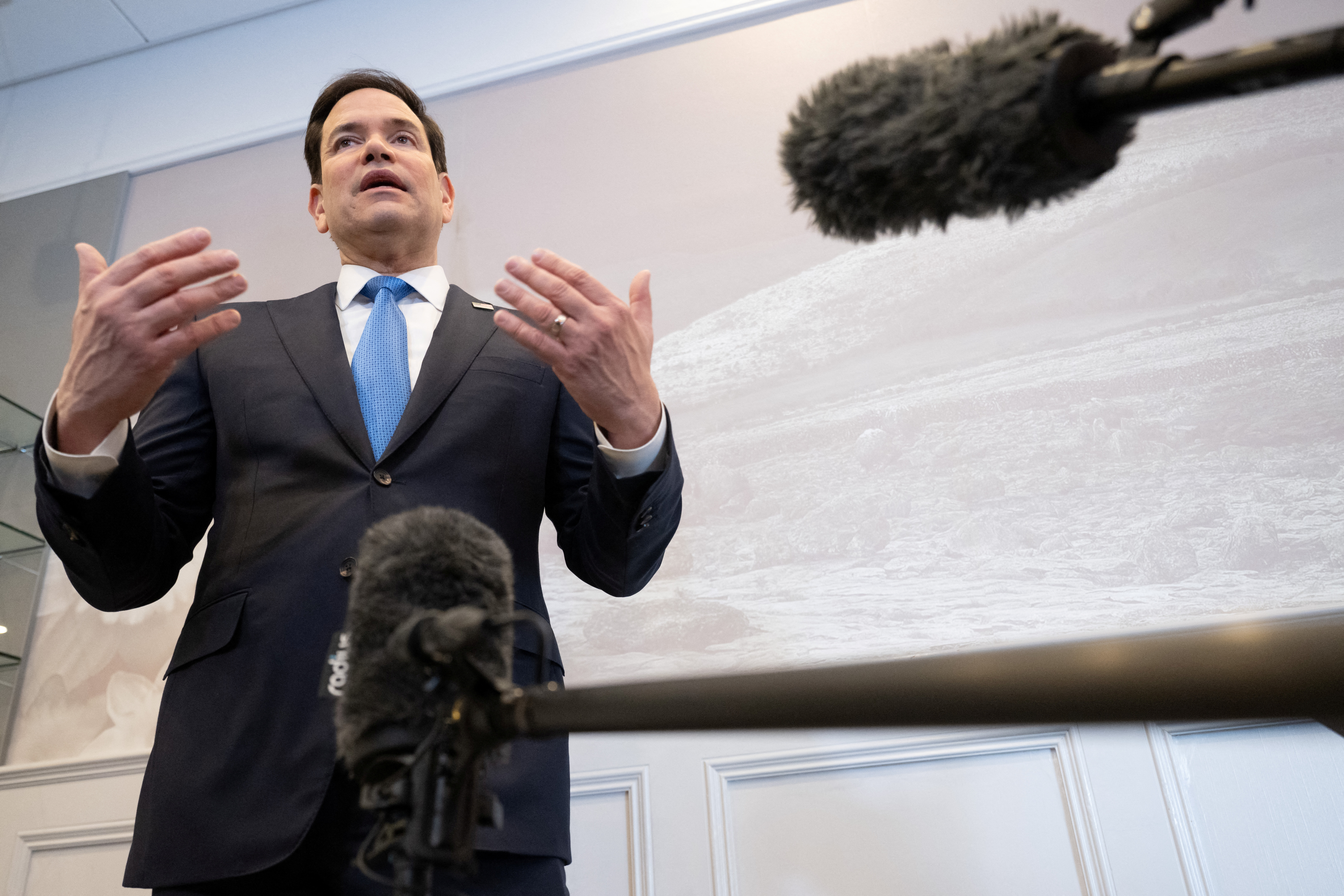 US Secretary of State Rubio speaks to the media during a refueling stop at Shannon Airport in Shannon