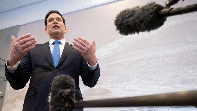 US Secretary of State Rubio speaks to the media during a refueling stop at Shannon Airport in Shannon