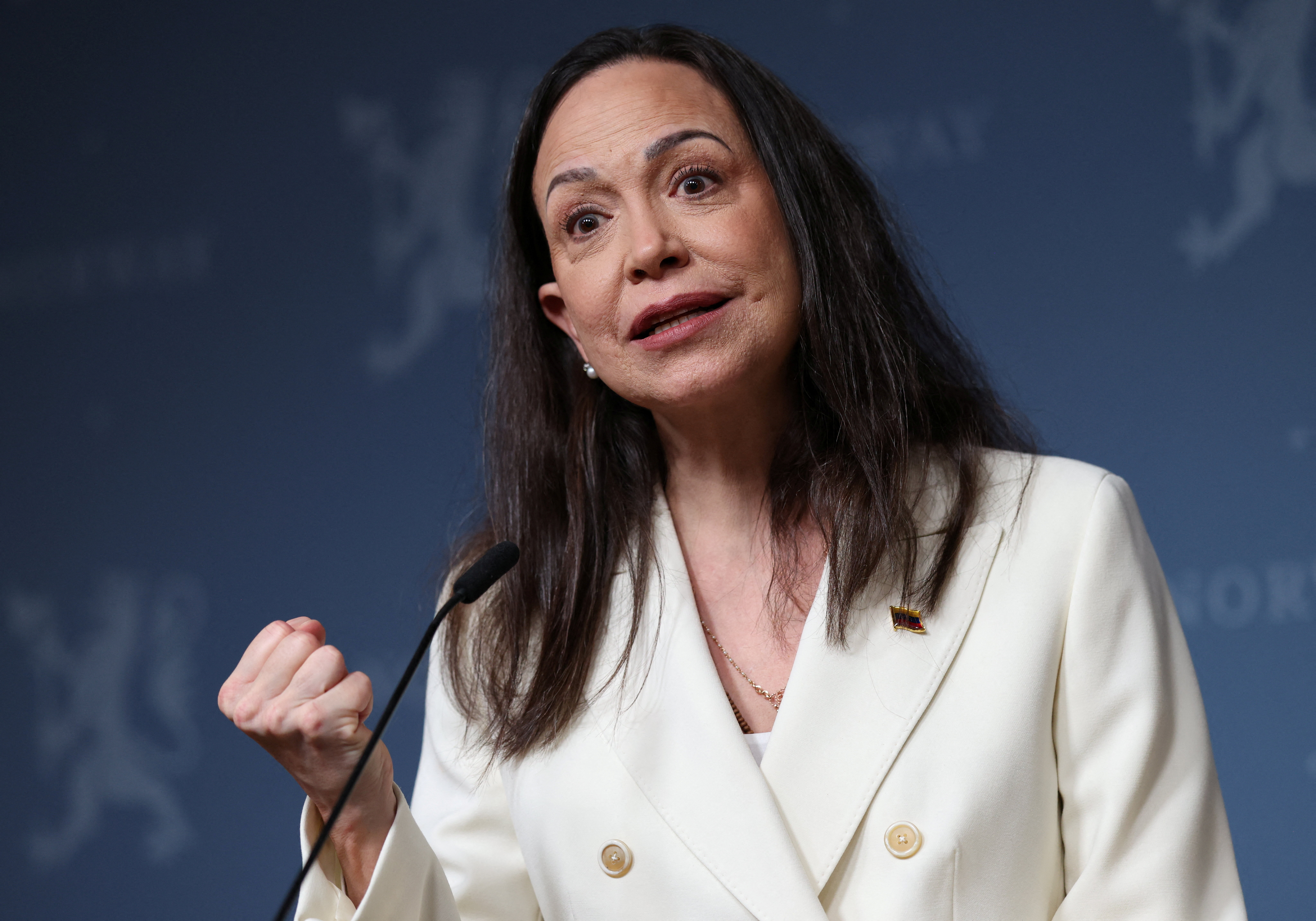 Nobel Peace Prize laureate and Venezuelan opposition leader Maria Corina Machado speaks during a press conference in Oslo