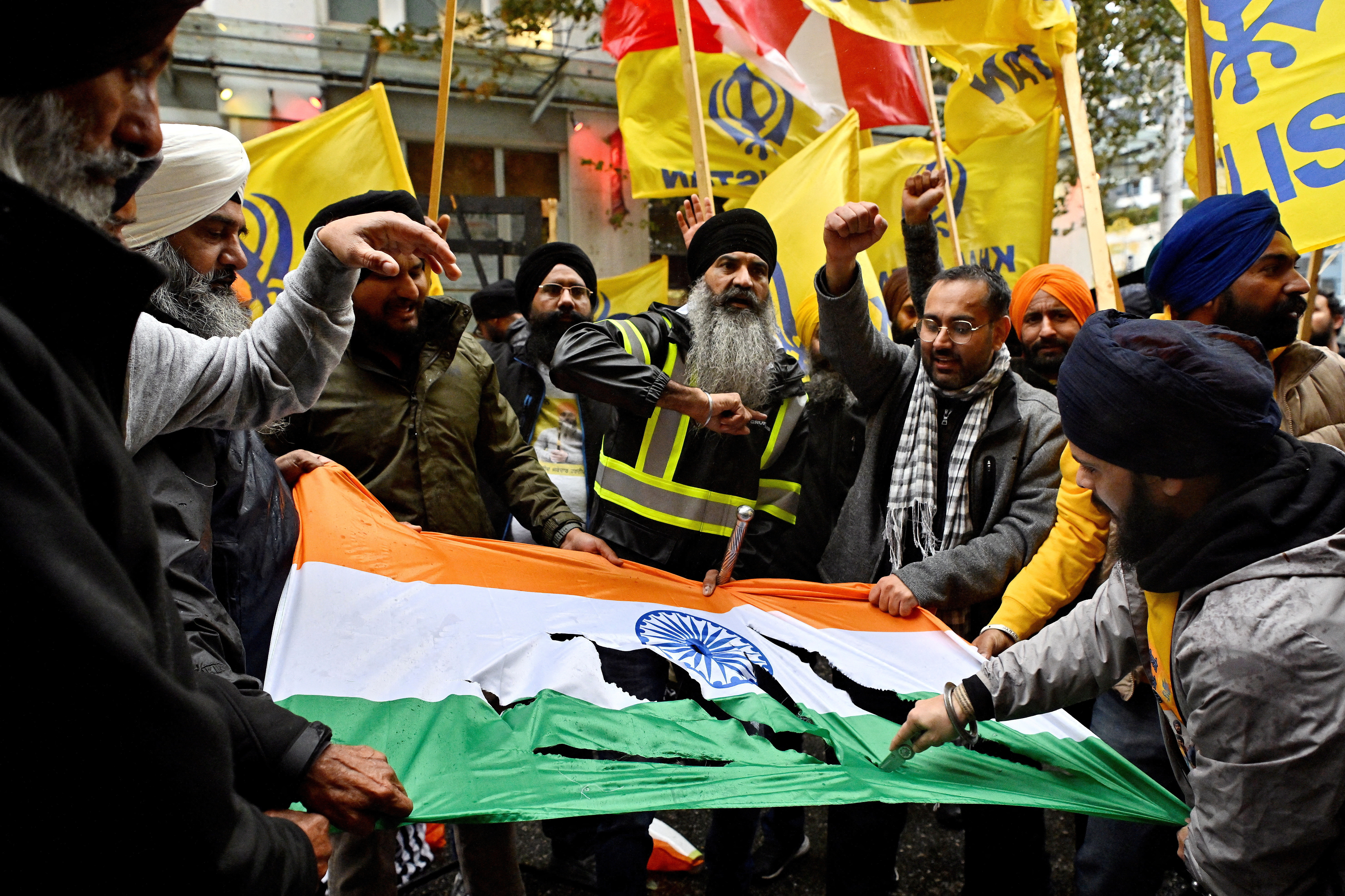 Sikh protesters picket outside the Consulate General of India
