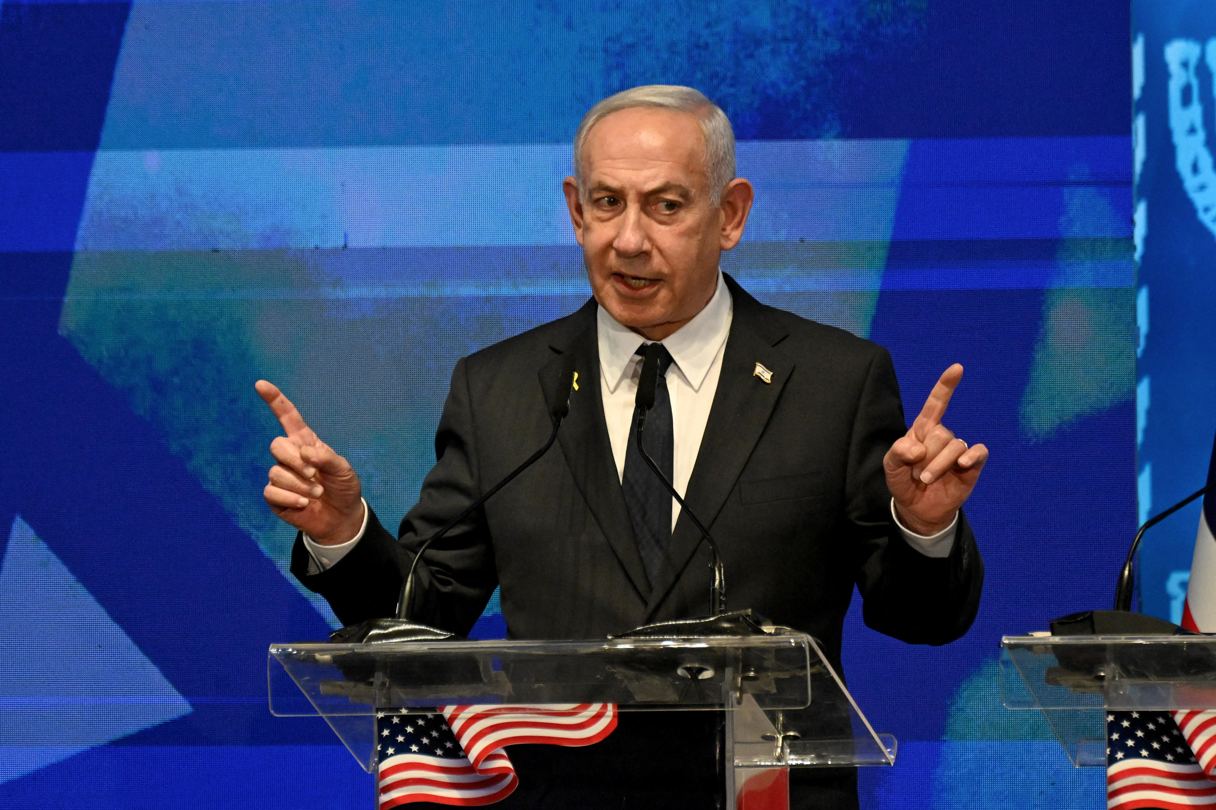 Israeli PM Netanyahu speaks to American legislators, in Jerusalem